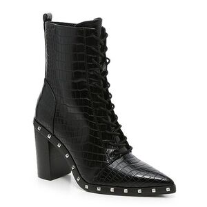 Charles David NWOB Duffy Black Croc Embossed Lace-Up Ankle Boot SZ 7.5